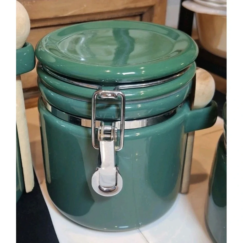 4pc Green Ceramic Vintage Canister Set, Airtight Lid-Lock, Beech Scoop Winsome
